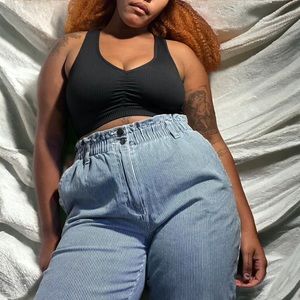 Stretchy denim paper bag waist pinstripe trousers